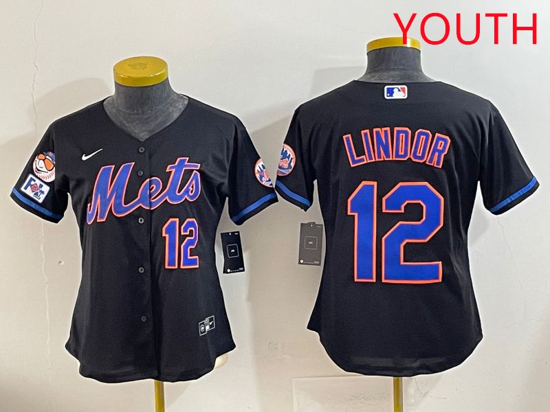Youth 2025 New York Mets 12 Lindor Black Game Nike MLB Jersey style 3